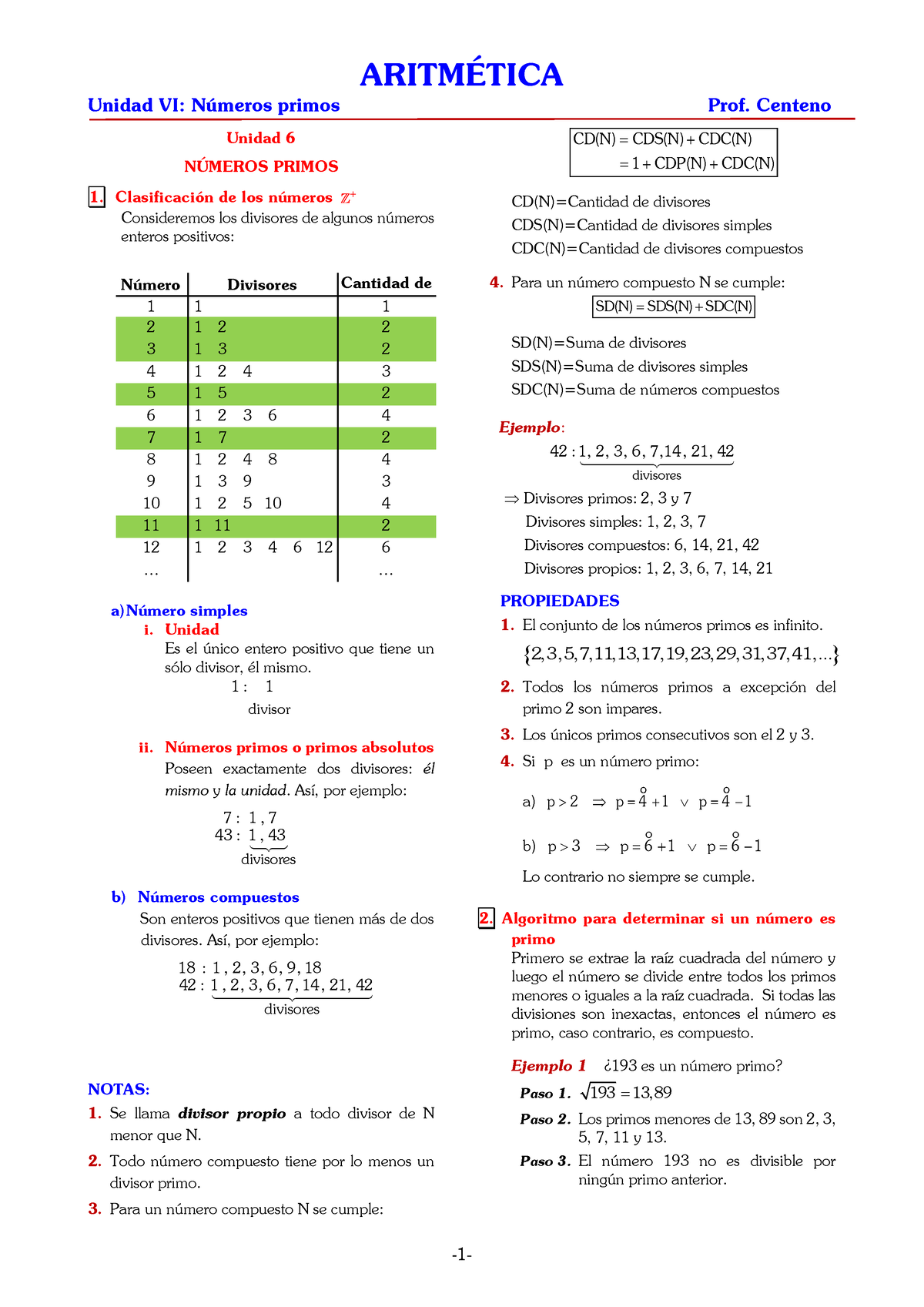 Unidad Primos Cent ARITM Unidad VI N Meros Primos Prof Centeno Unidad NMEROS