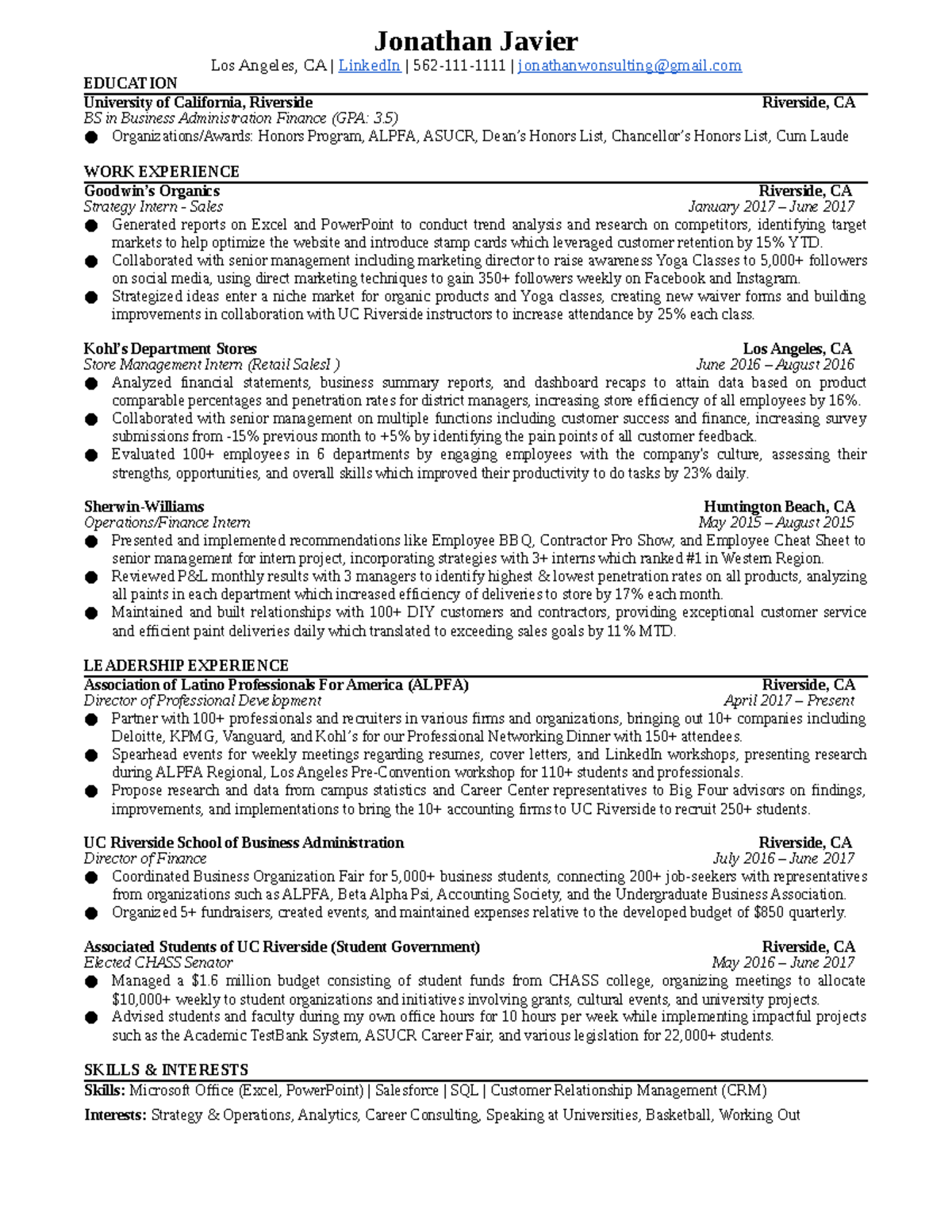 Jonathan's Resume (Student Example) - Jonathan Javier Los Angeles, CA ...