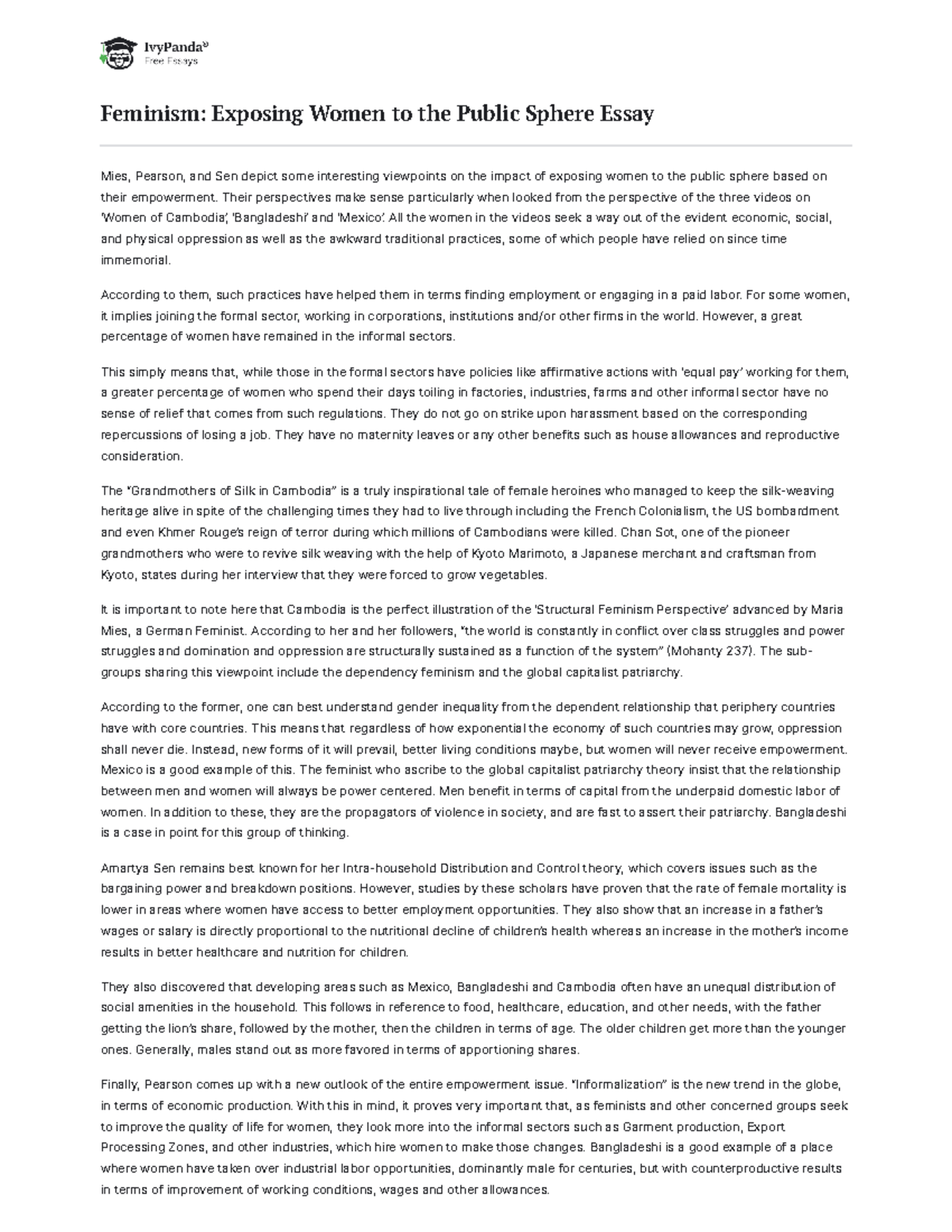 Feminism Exposing Women to the Public Sphere 1193 Words Essay Example