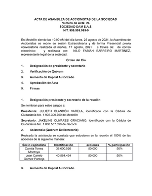 3. ACTA DE Asamblea DE Aumento DE Capital Autorizado en la sas - ACTA DE  ASAMBLEA DE ACCIONISTAS DE - Studocu
