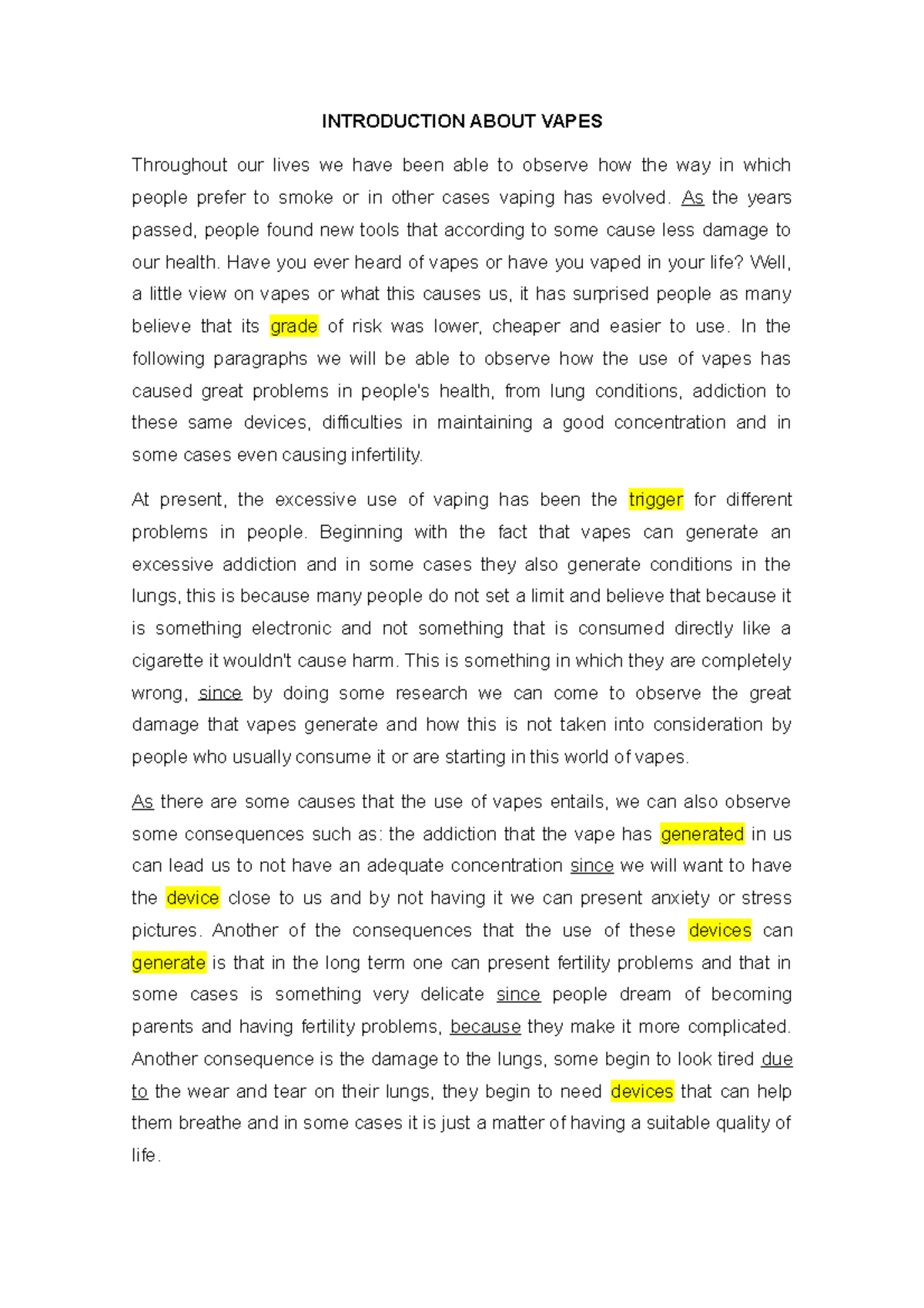 Final Draft About Vapes - INTRODUCTION ABOUT VAPES Throughout our lives ...