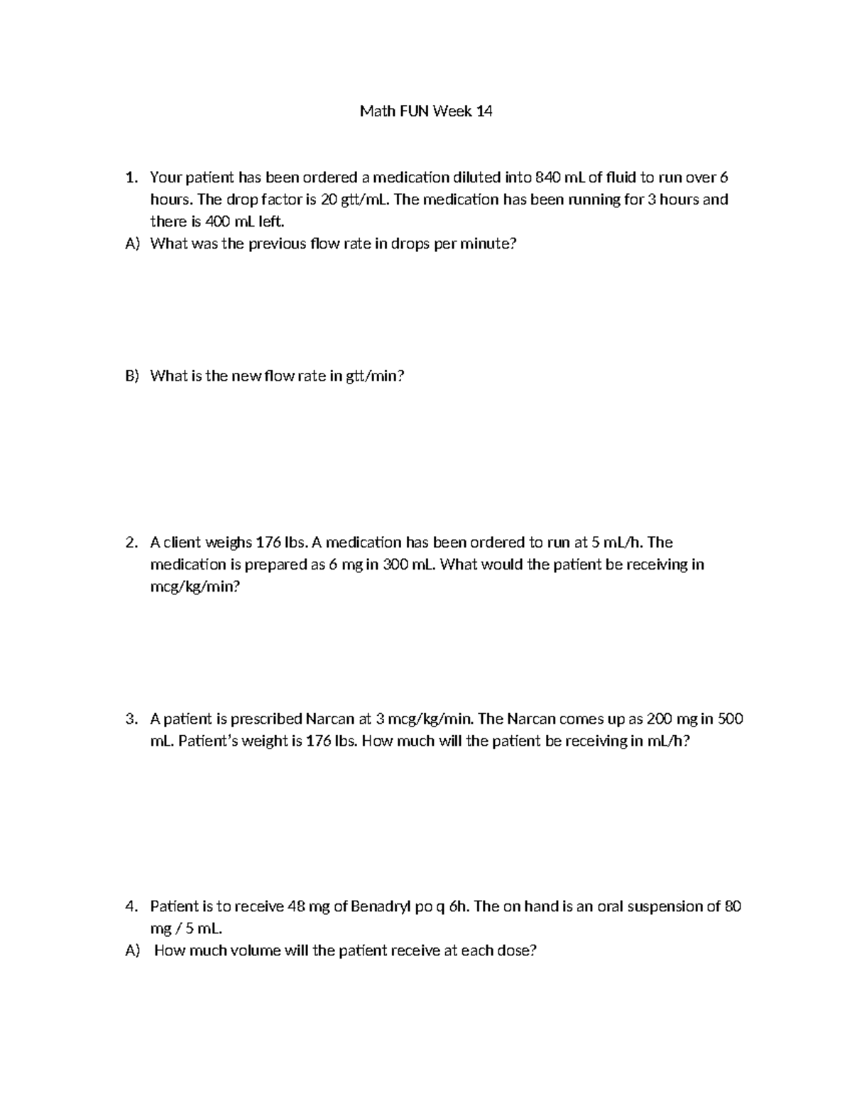 Math Fun Week 14 - usefull - Math FUN Week 14 Your patient has been ...