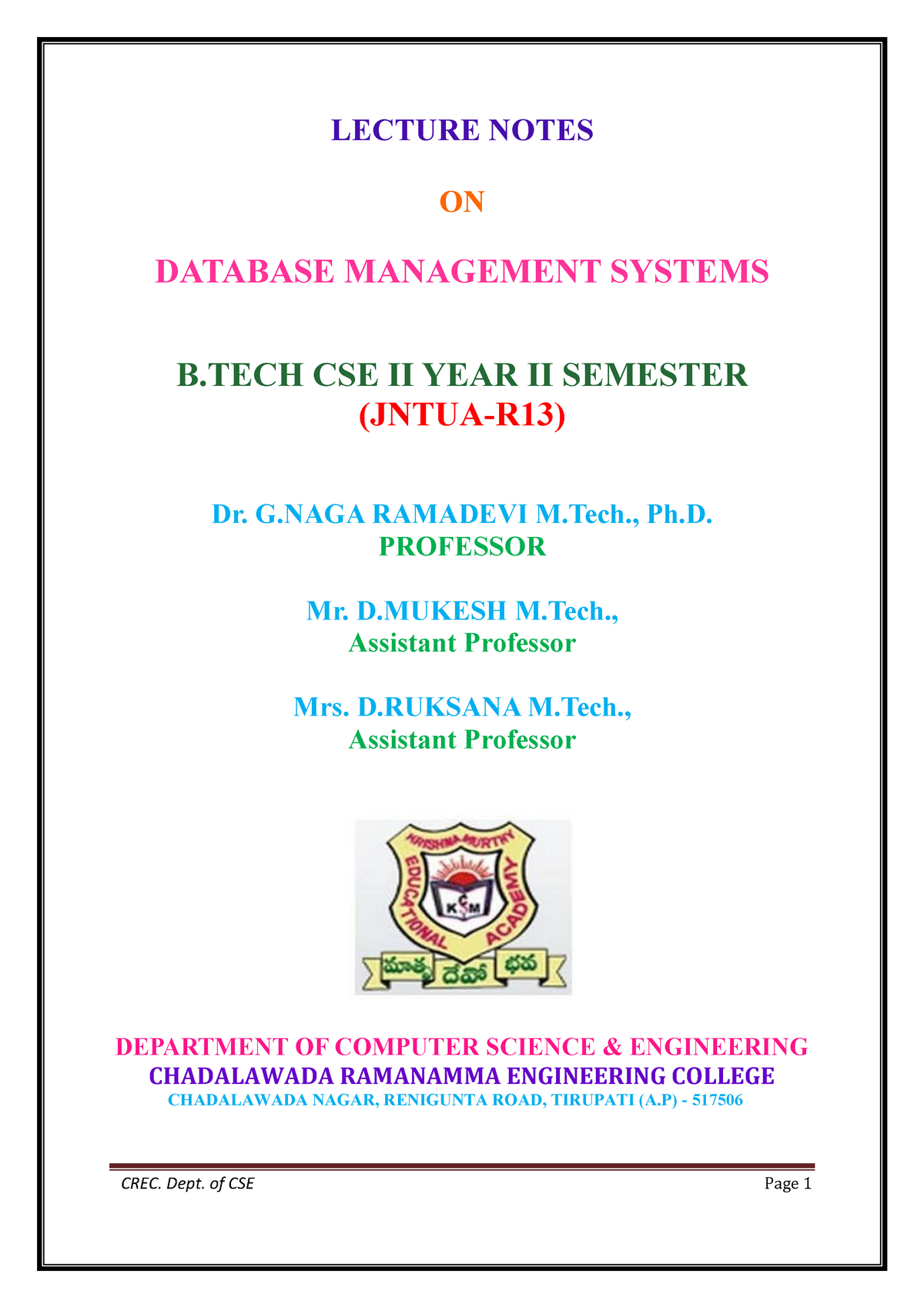 DBMS Complete Notes - My SQL For Beginners - LECTURE NOTES ON DATABASE ...