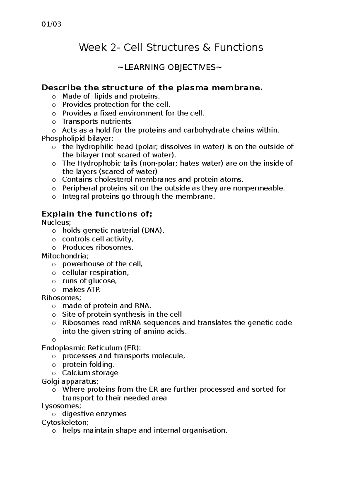 Week 2 - cells - Week 2- Cell Structures & Functions LEARNING ...
