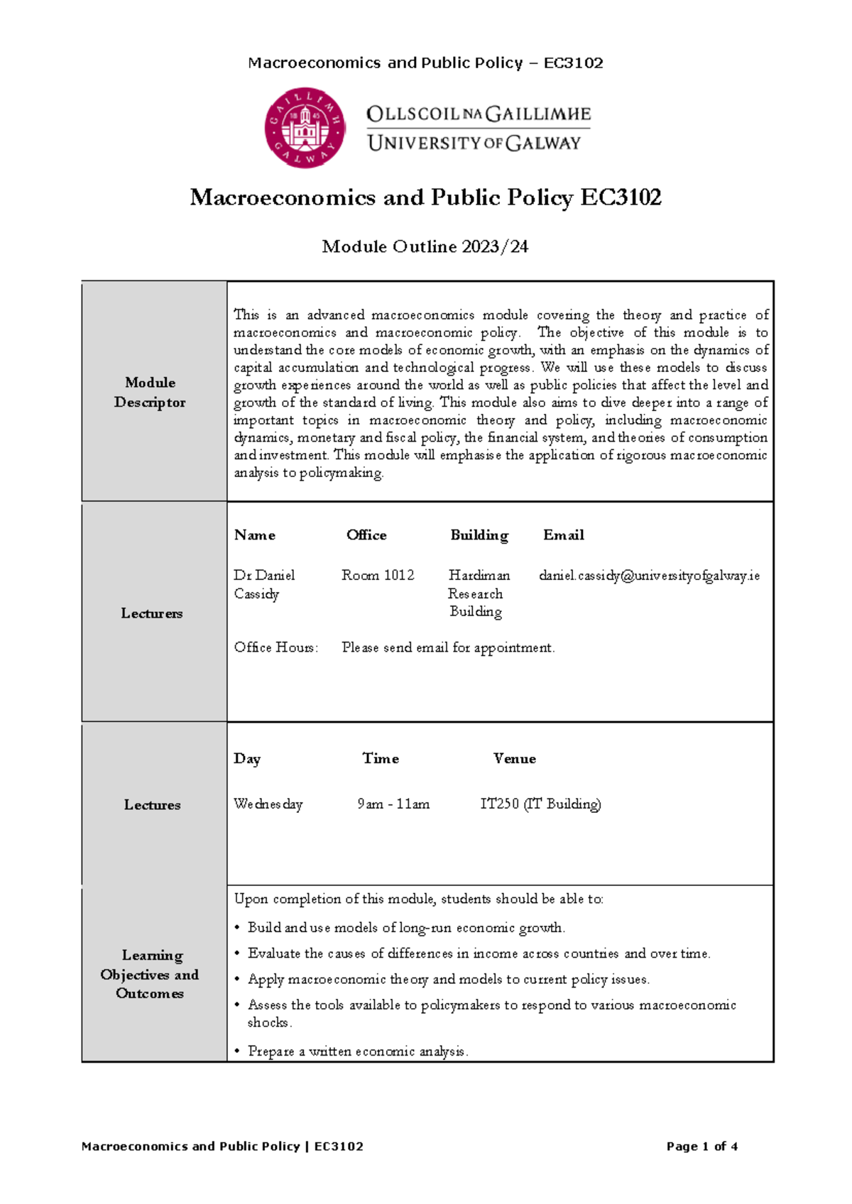 EC3102 Module Outline 2023 24 - Macroeconomics And Public Policy EC ...