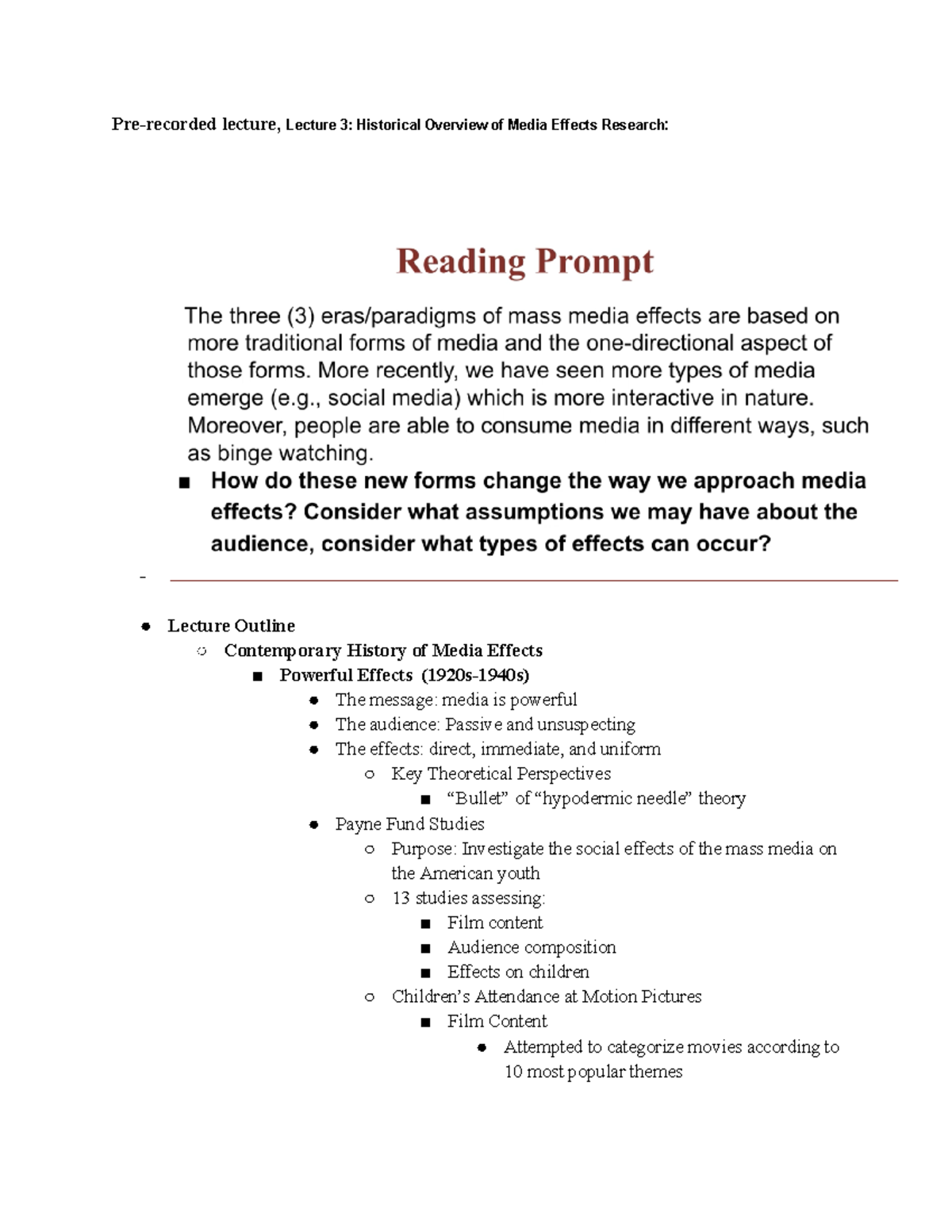 Week 3 (9 079 09) Lecture 3 Historical Overview of Media Effects