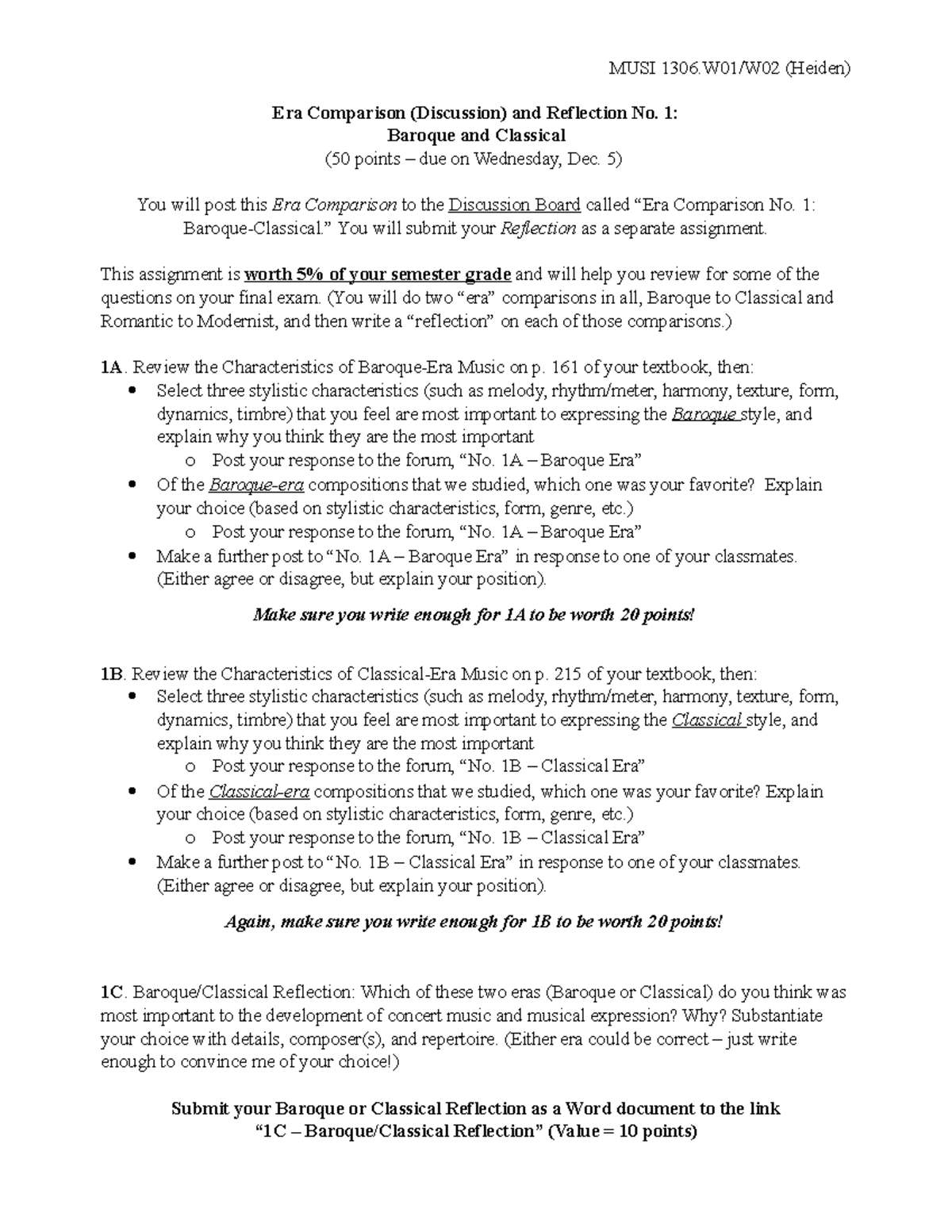 Era Comparisons, Reflection 1 - Bar-Cl - MUSI (Heiden) Era Comparison ...