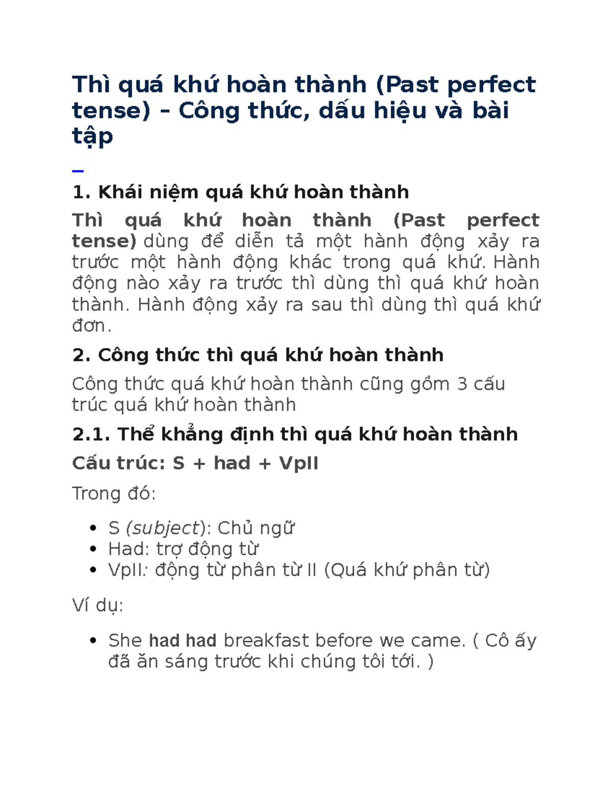 Thì quá khứ hoàn thành - Thì quá khứ hoàn thành (Past perfect tense ...