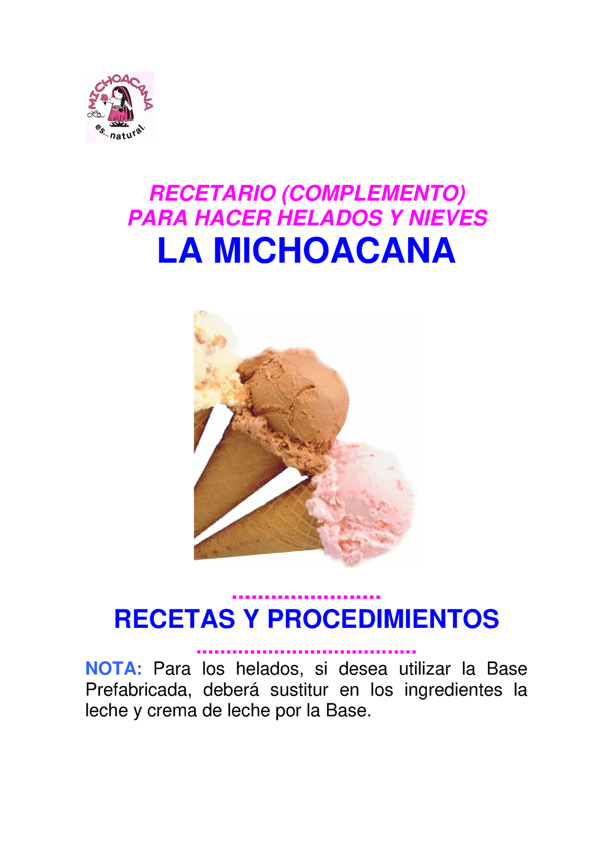 6. Recetario 2 de Helados - La Michoacana - RECETARIO (COMPLEMENTO) PARA  HACER HELADOS Y NIEVES LA - Studocu