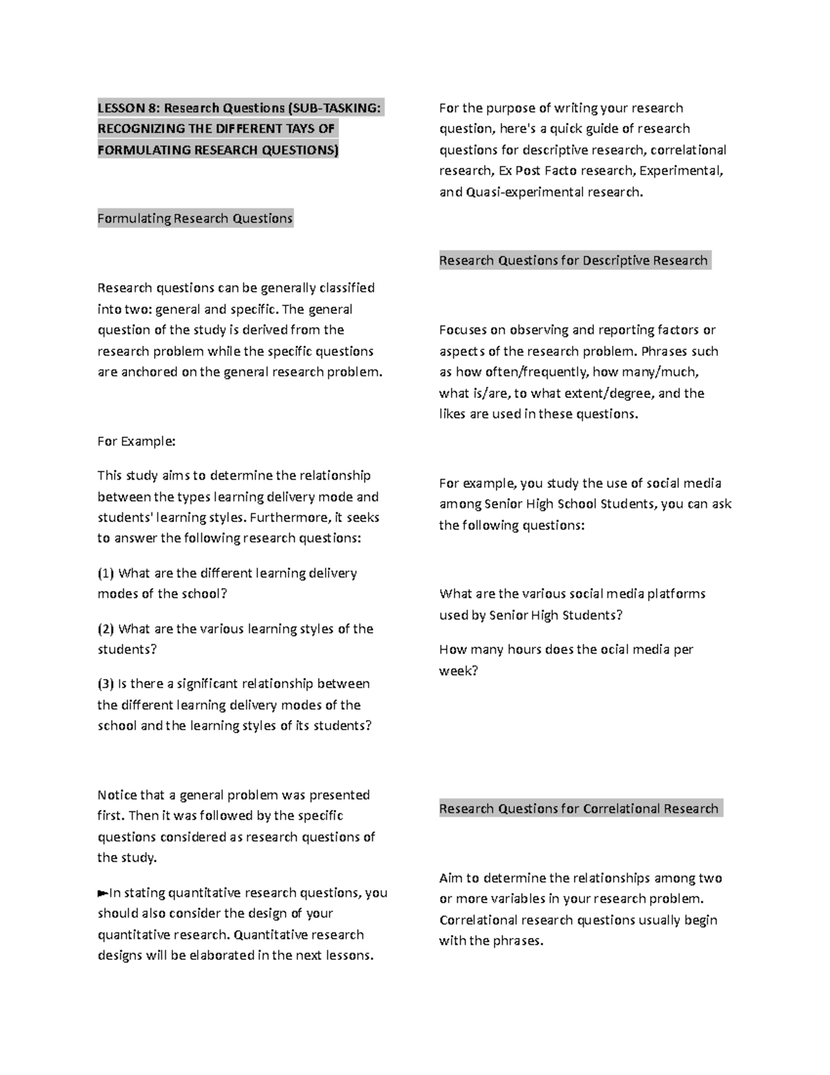 Lesson-8 -Resea-WPS-Office - LESSON 8: Research Questions (SUB-TASKING ...