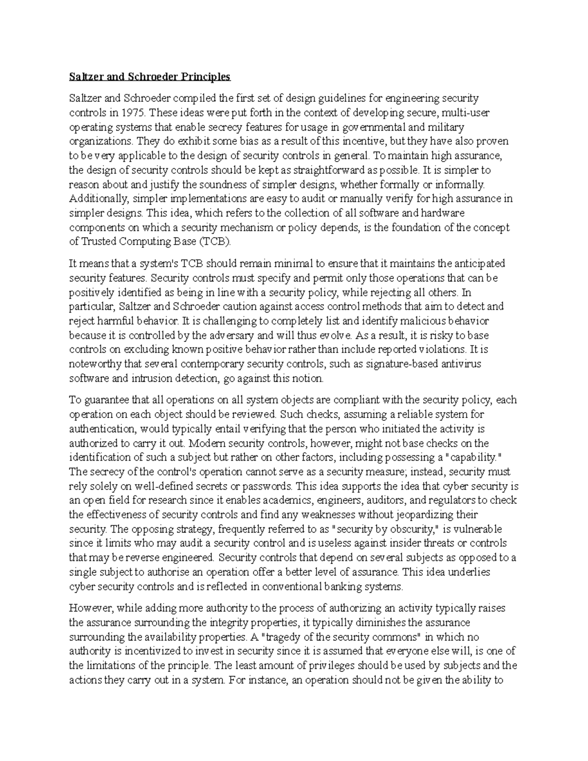 Saltzer and Schroeder Principles - Saltzer and Schroeder Principles Saltzer  and Schroeder compiled - StuDocu