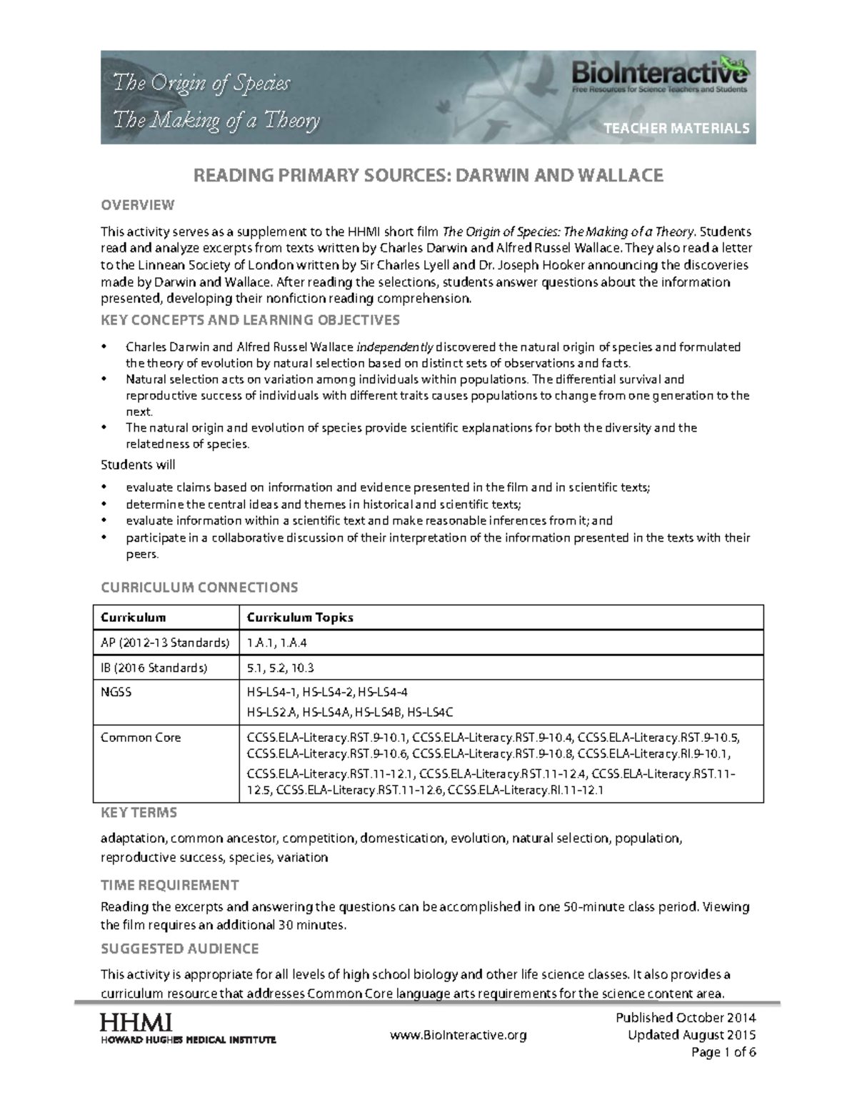 Primary-Sources-Teacher - Published October 2014 BioInteractive Updated ...