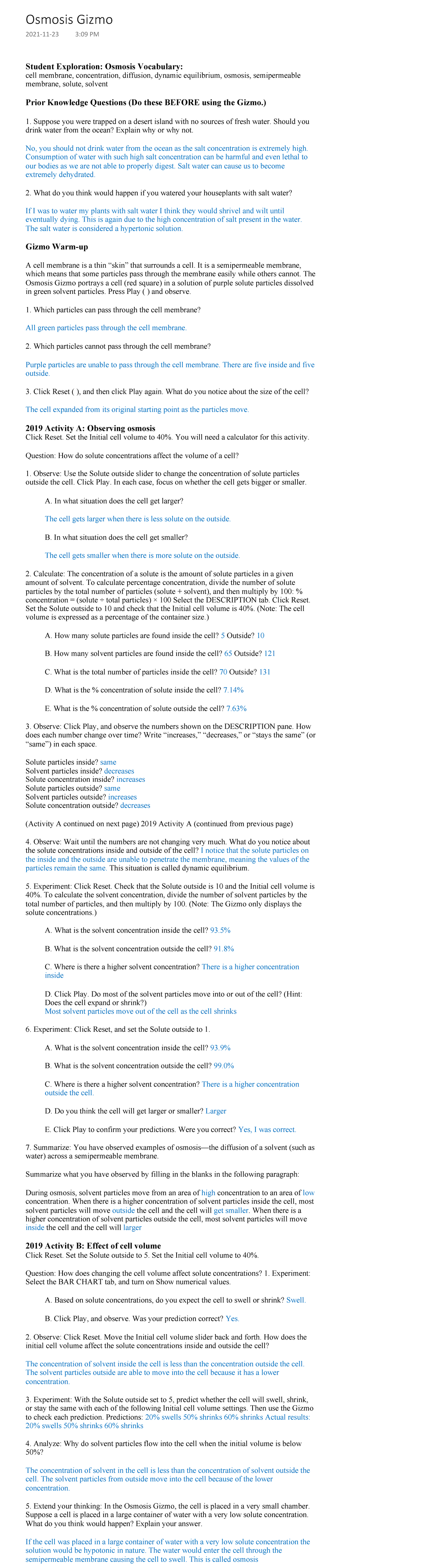 Osmosis Gizmo notes Student Exploration Osmosis Vocabulary cell
