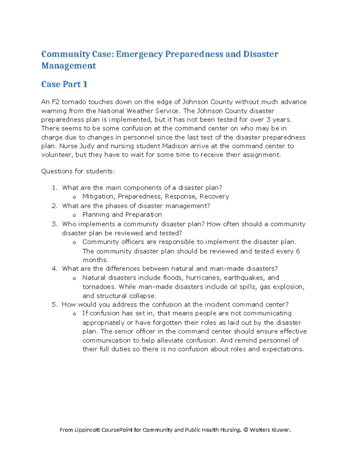 Community Case Emergency Preparedness and Disaster Management The Johnson County disaster