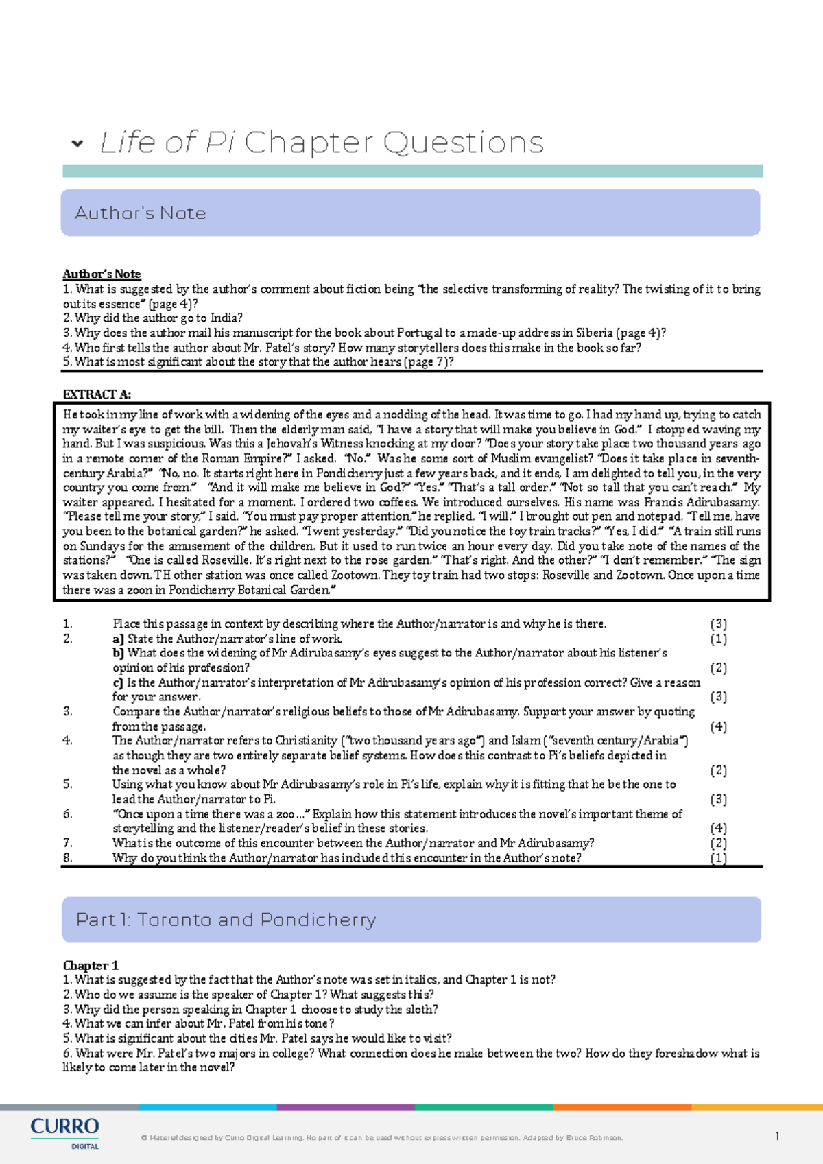 Life of Pi Module v1.1 - Chapter Questions - Life of Pi Chapter ...