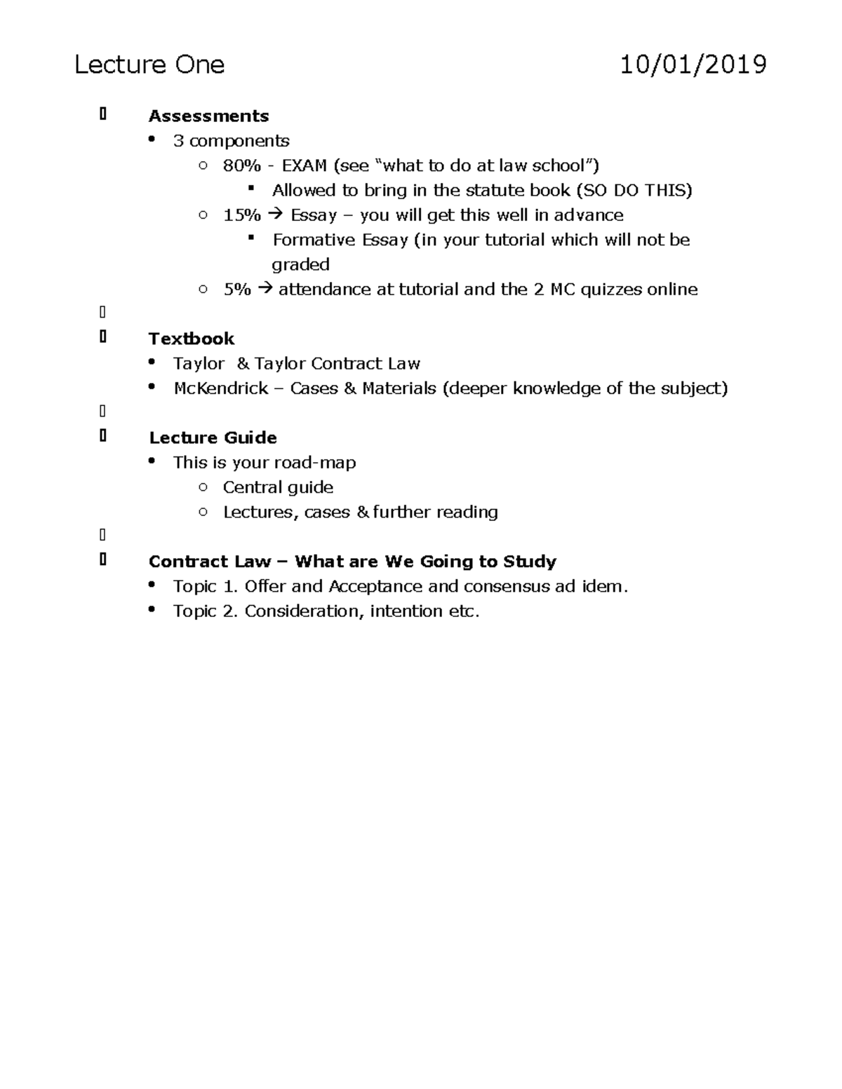 Contract LAW Lecture Notes - Lecture One 10/01/ Assessments 3 ...