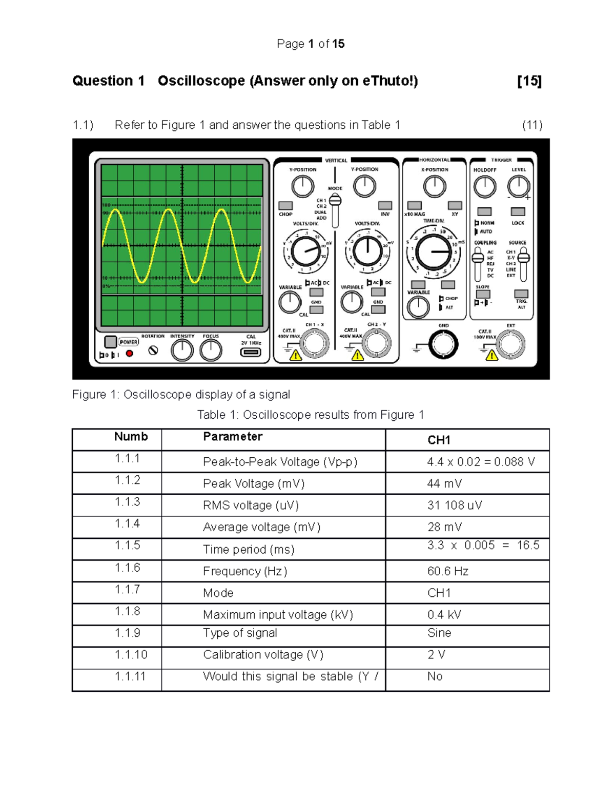 ELE1 2016 02 Exam Prep 3 Mr booker Question 1 Oscilloscope (Answer