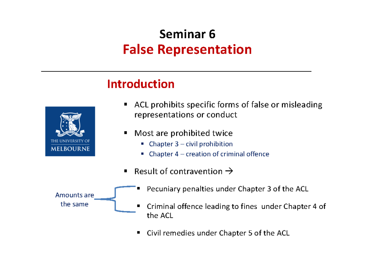 False representation: consumer law - Seminar 6 False Representation ...