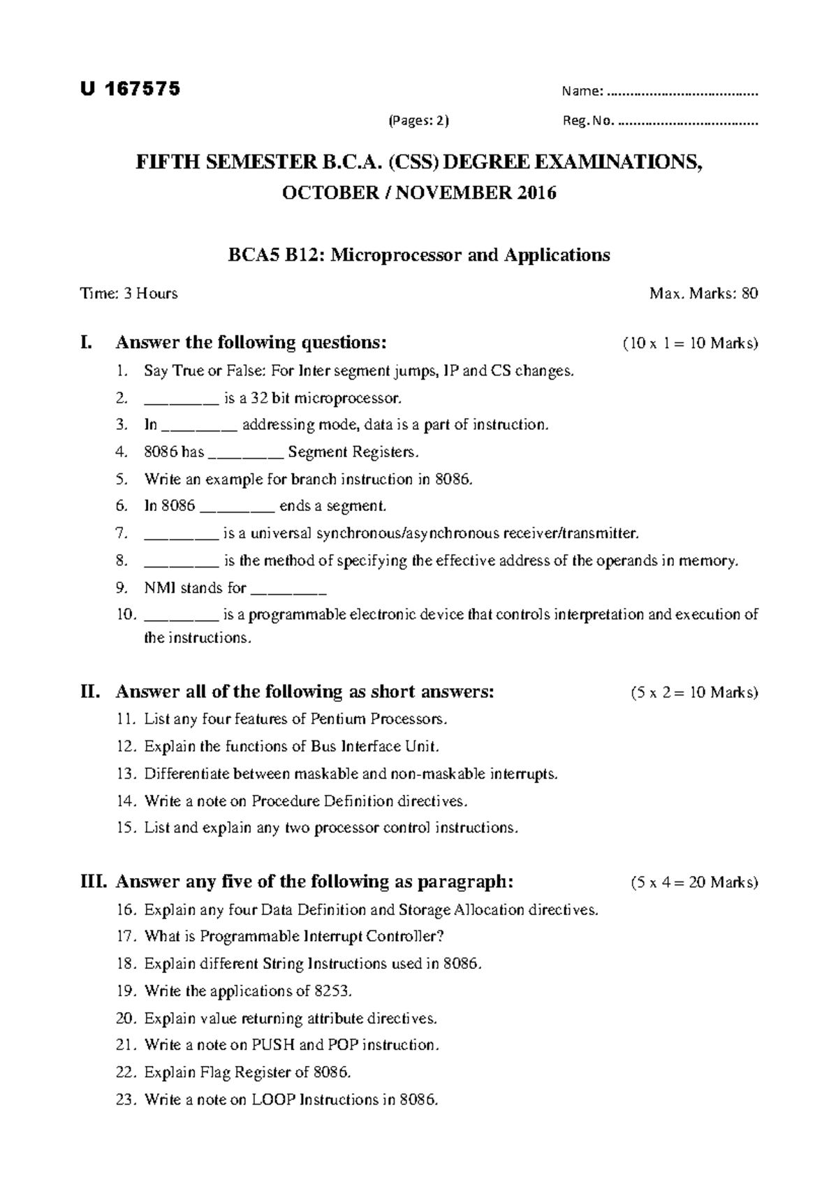 BCA5 B12 (Microprocessor and Applications) - U 167575 Name