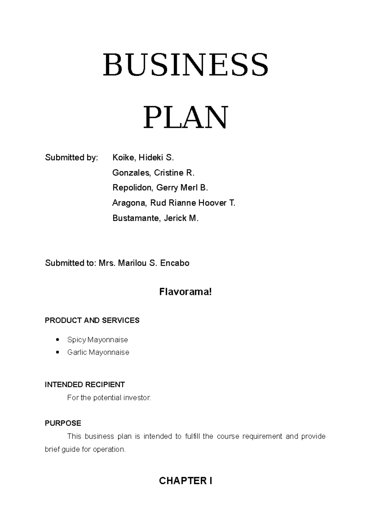 Flavorama Business Plan Final - BUSINESS PLAN Submitted by: Koike ...