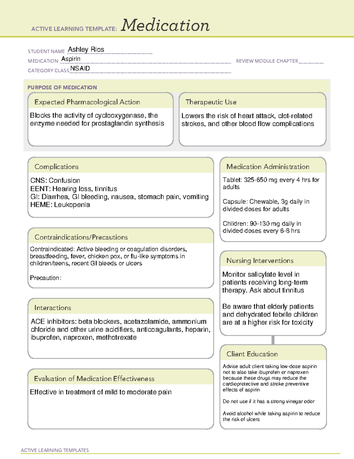 Aspirin - Med - ACTIVE LEARNING TEMPLATES Medication STUDENT NAME - Studocu