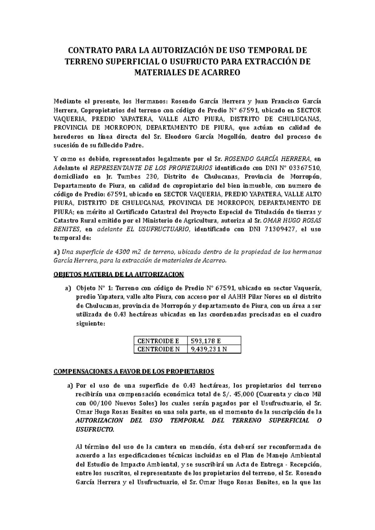 Contrato PARA LA Autorización DE USO Temporal DE Terreno - CONTRATO ...