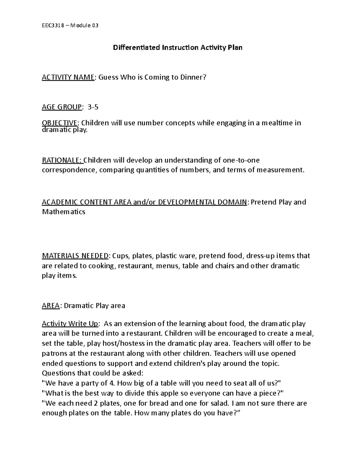 Activity plan for Module 02 - EEC3318 – Module 03 Differentiated ...