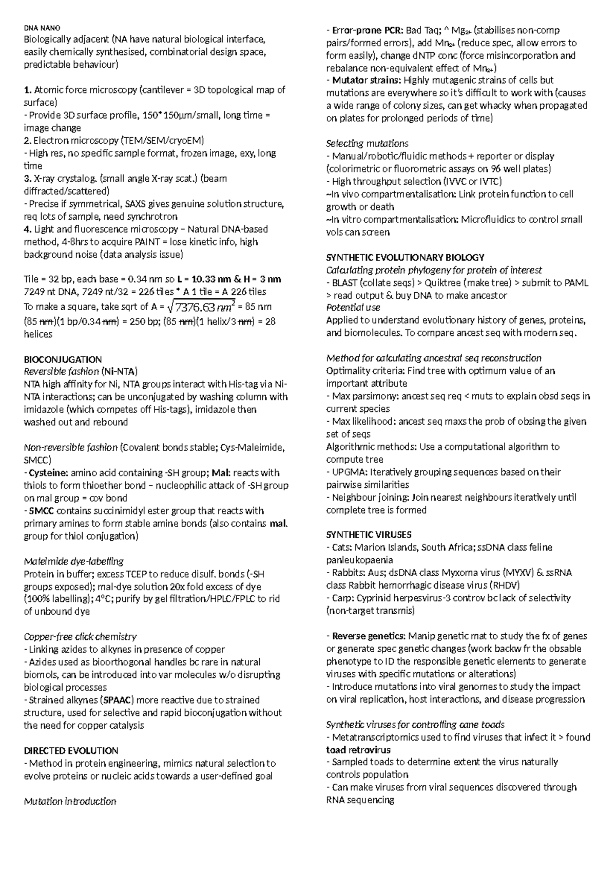 Cheat Sheet BABS3200 - DNA NANO Biologically adjacent (NA have natural ...