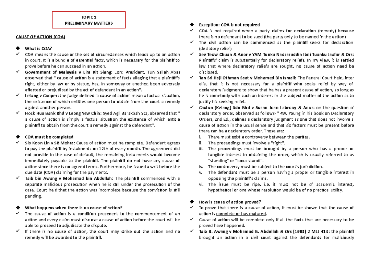 Civil Procedure CAUSE OF ACTION (COA) What is COA? COA means the