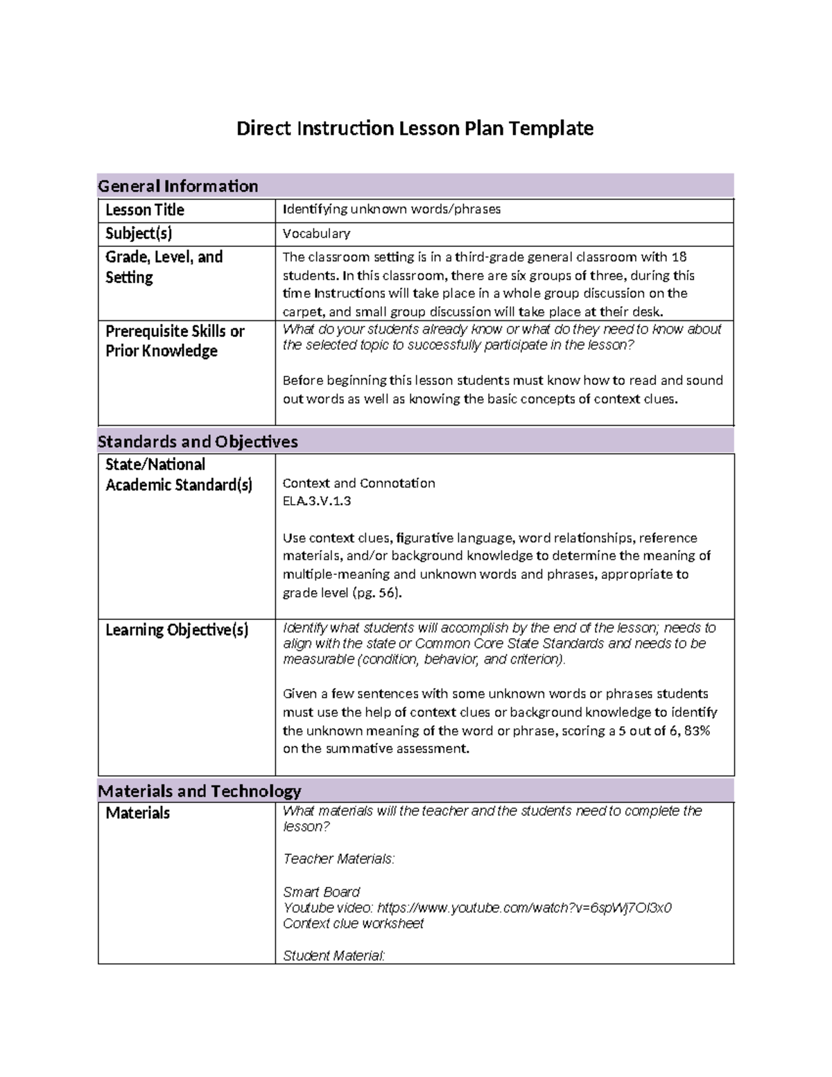 Direct Instruction Lesson Plan - In this classroom, there are six ...