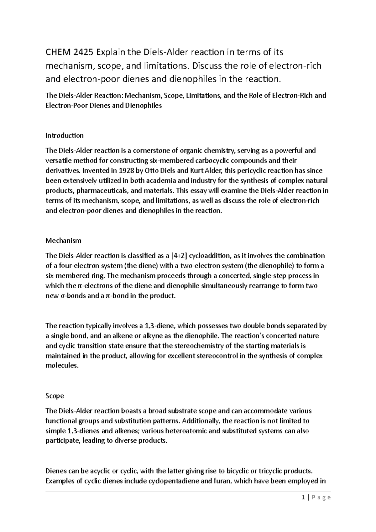 CHEM 2425 Explain the Diels-Alder reaction in terms of its mechanism ...