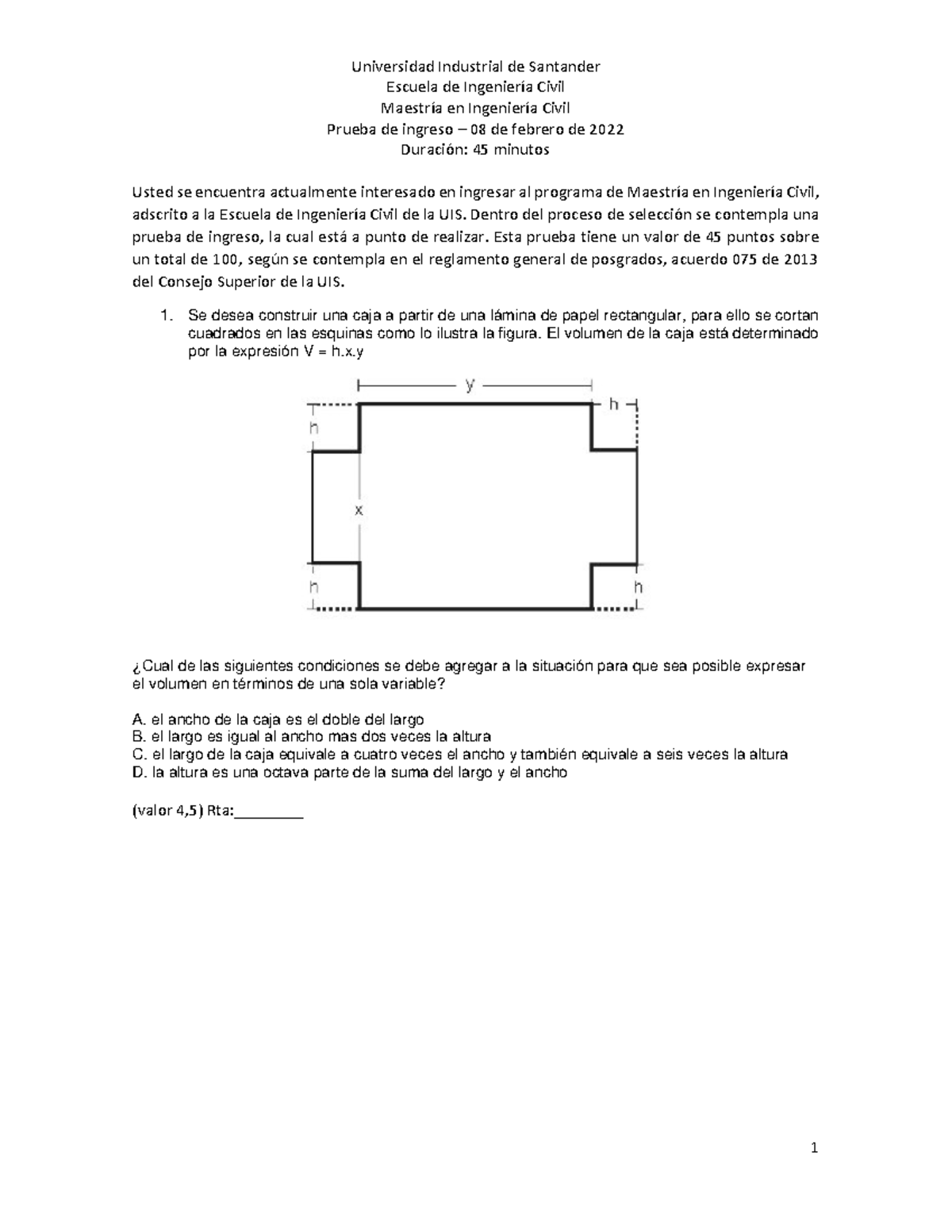 Examen Ingreso 20220208 - Escuela De IngenierÌa Civil MaestrÌa En ...