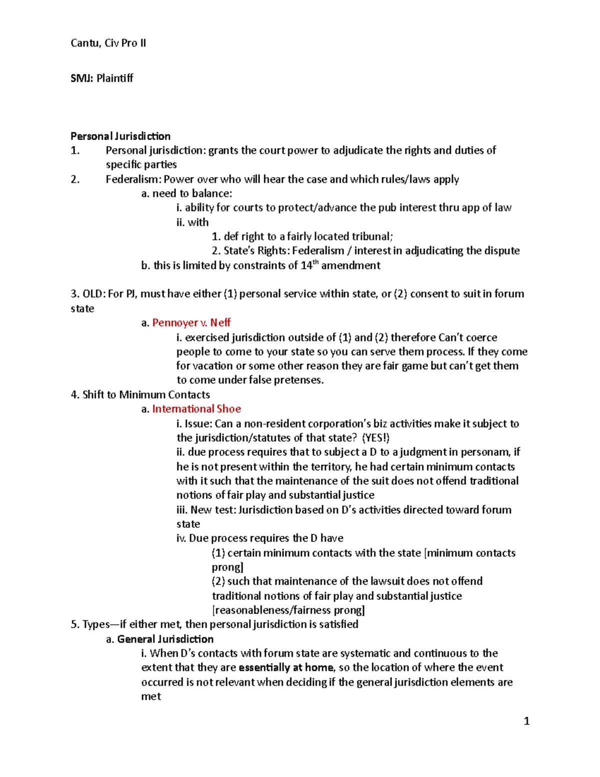 Civ Pro Outline - SMJ: Plaintiff Personal Jurisdiction Personal ...