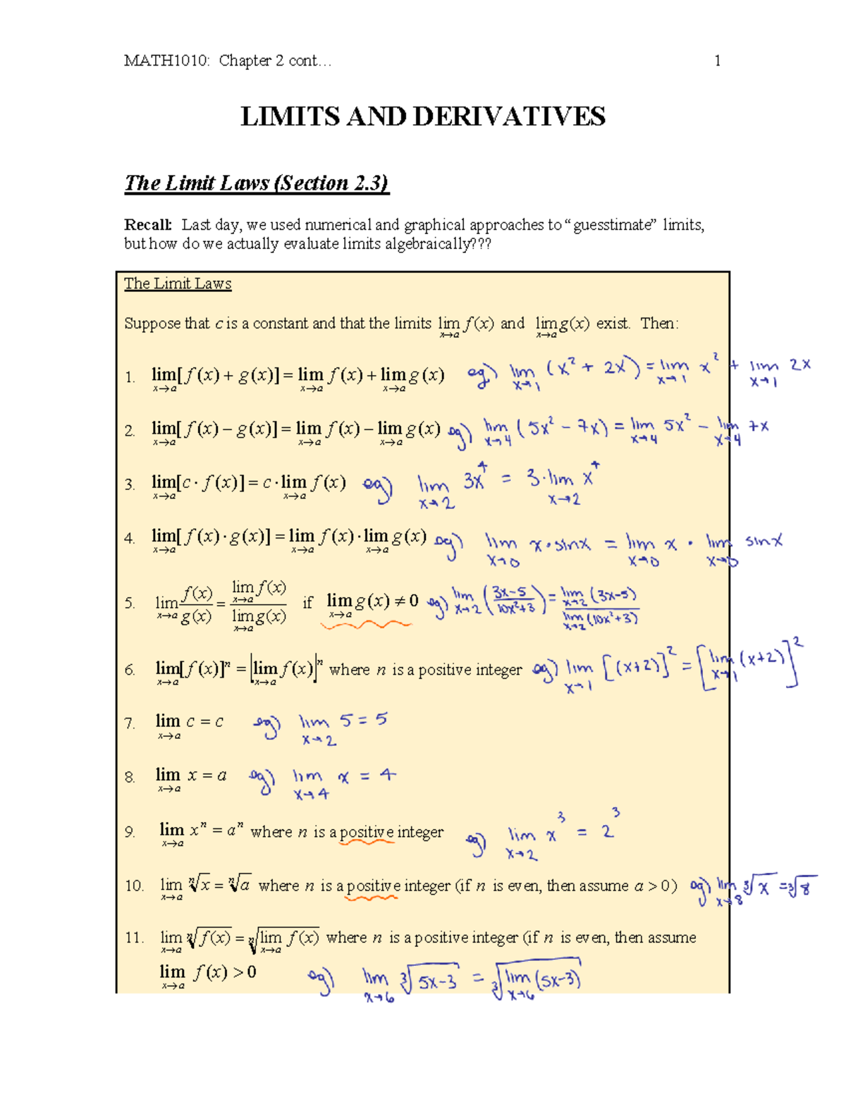 Lecture 2 - ddf - LIMITS AND DERIVATIVES The Limit Laws (Section 2 ...