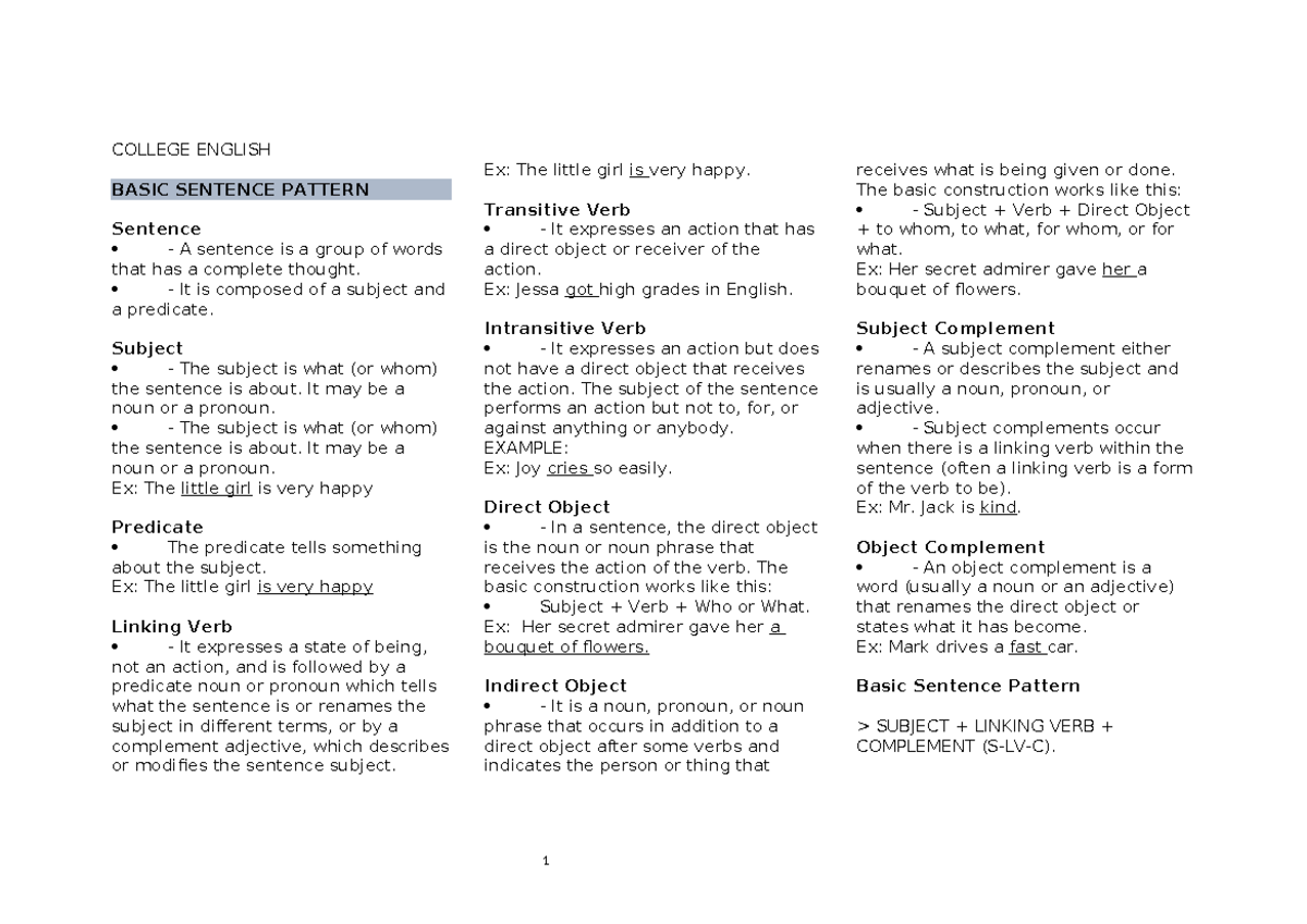 College English-prelim - COLLEGE ENGLISH BASIC SENTENCE PATTERN ...