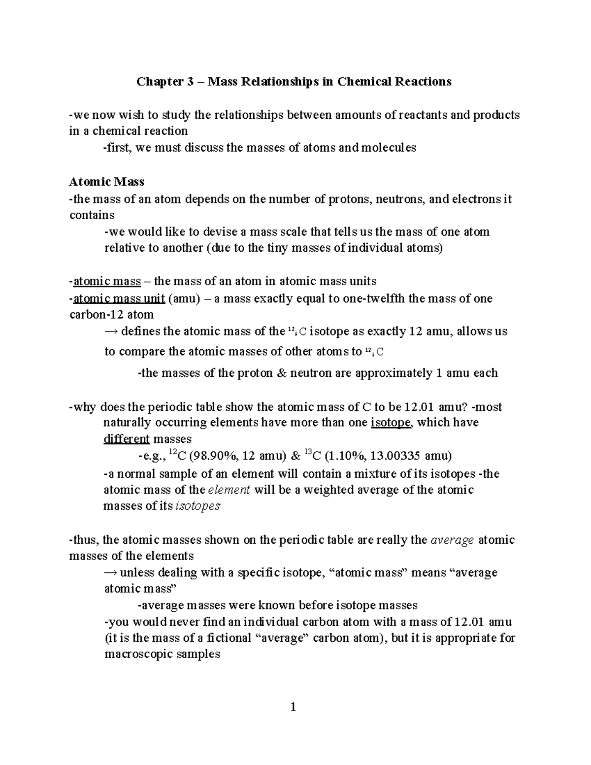 150 ch3 notes student - Chapter 3 – Mass Relationships in Chemical ...