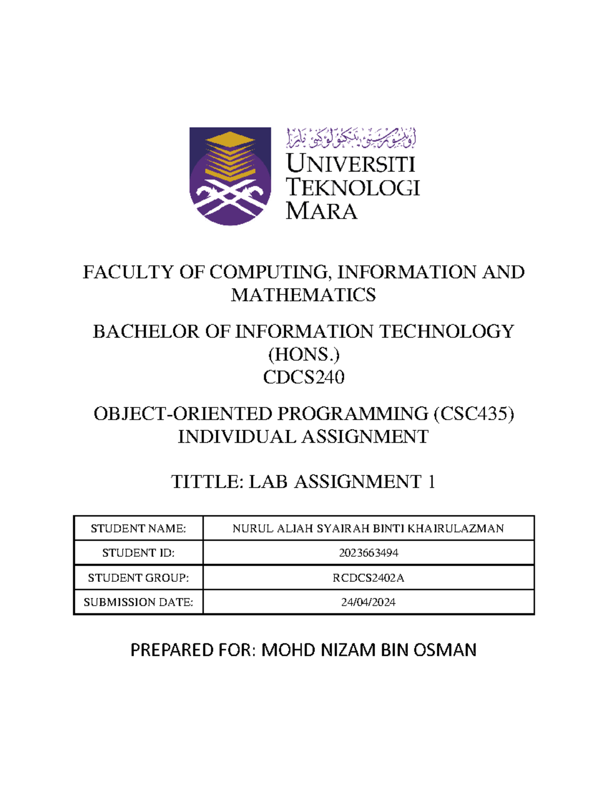 Cover PAGE CSC435 - Fundamentals of Information Technology - FACULTY OF ...