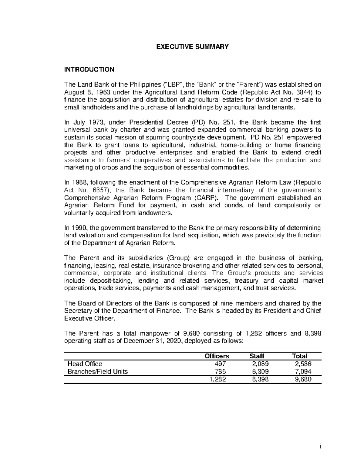 Land Bank of the Philippines Executive Summary 2020 i EXECUTIVE