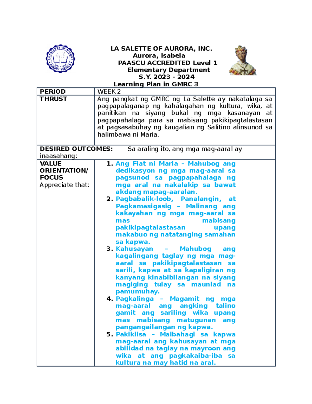 WEEK 2 GMRC 3 I hope it will help you all. LA SALETTE OF AURORA