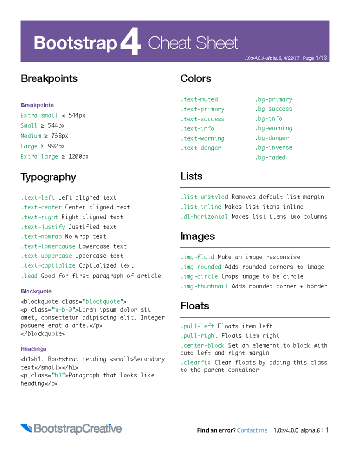 Bootstrap 4 Complete Reference - 4 1:v4.0.0-alpha, 4/22/17 Page 1/ 13 ...