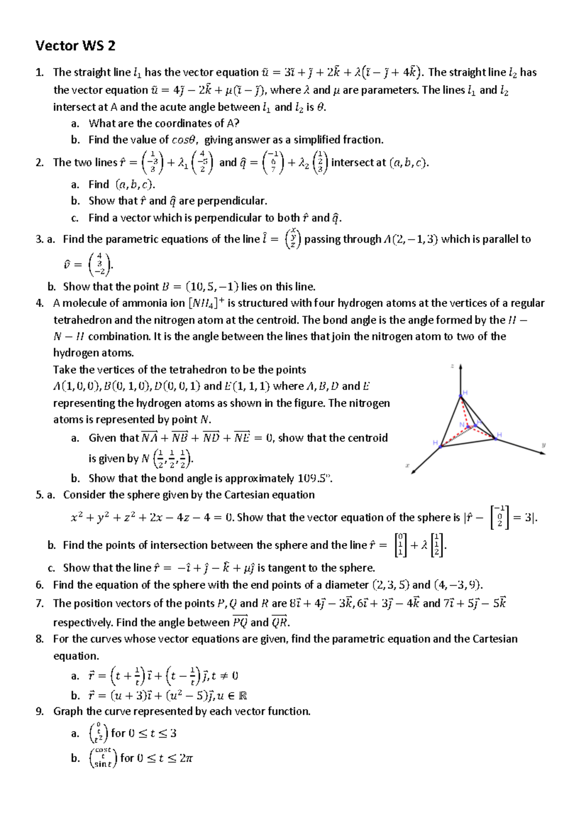 Vector WS 2 - Vector WS 2 The straight line 𝑙! has the vector equation ...
