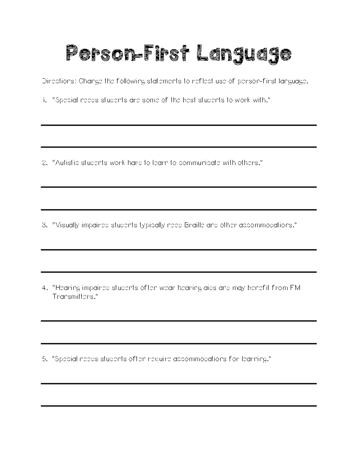 Person-First Language - Person-First Language Directions: Change the ...