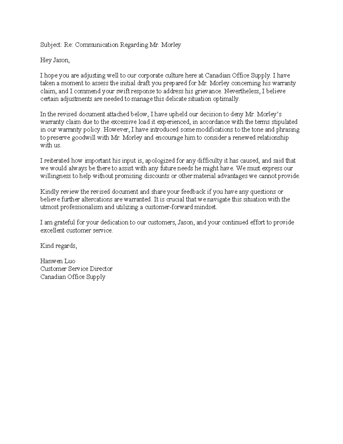 2111 Assignment 1 - Subject: Re: Communication Regarding Mr. Morley Hey ...