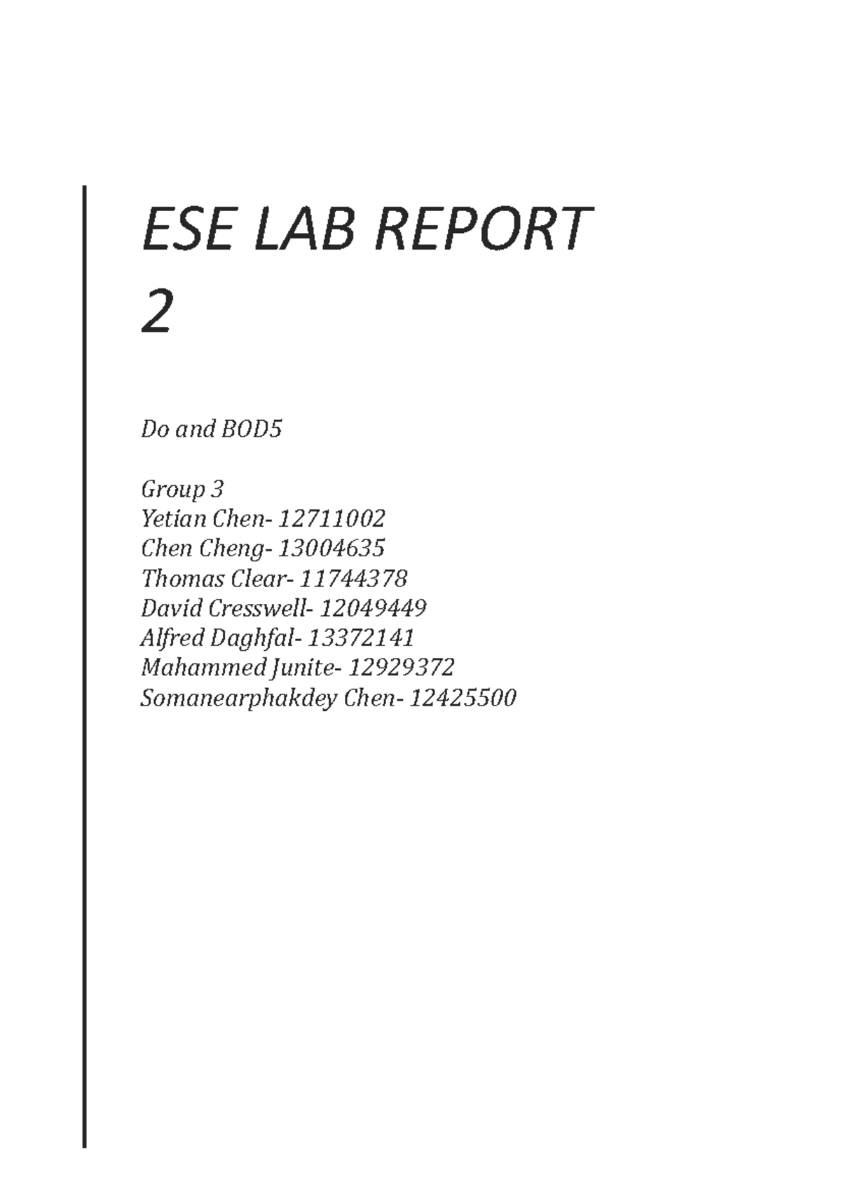 ESE lab 2 - score 90 - Table of Contents - Studocu