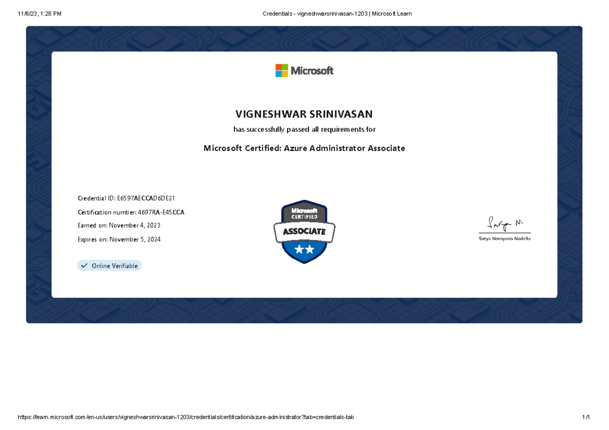 Microsoft Azure AZ-104 - 11/6/23, 1:28 PM Credentials ...