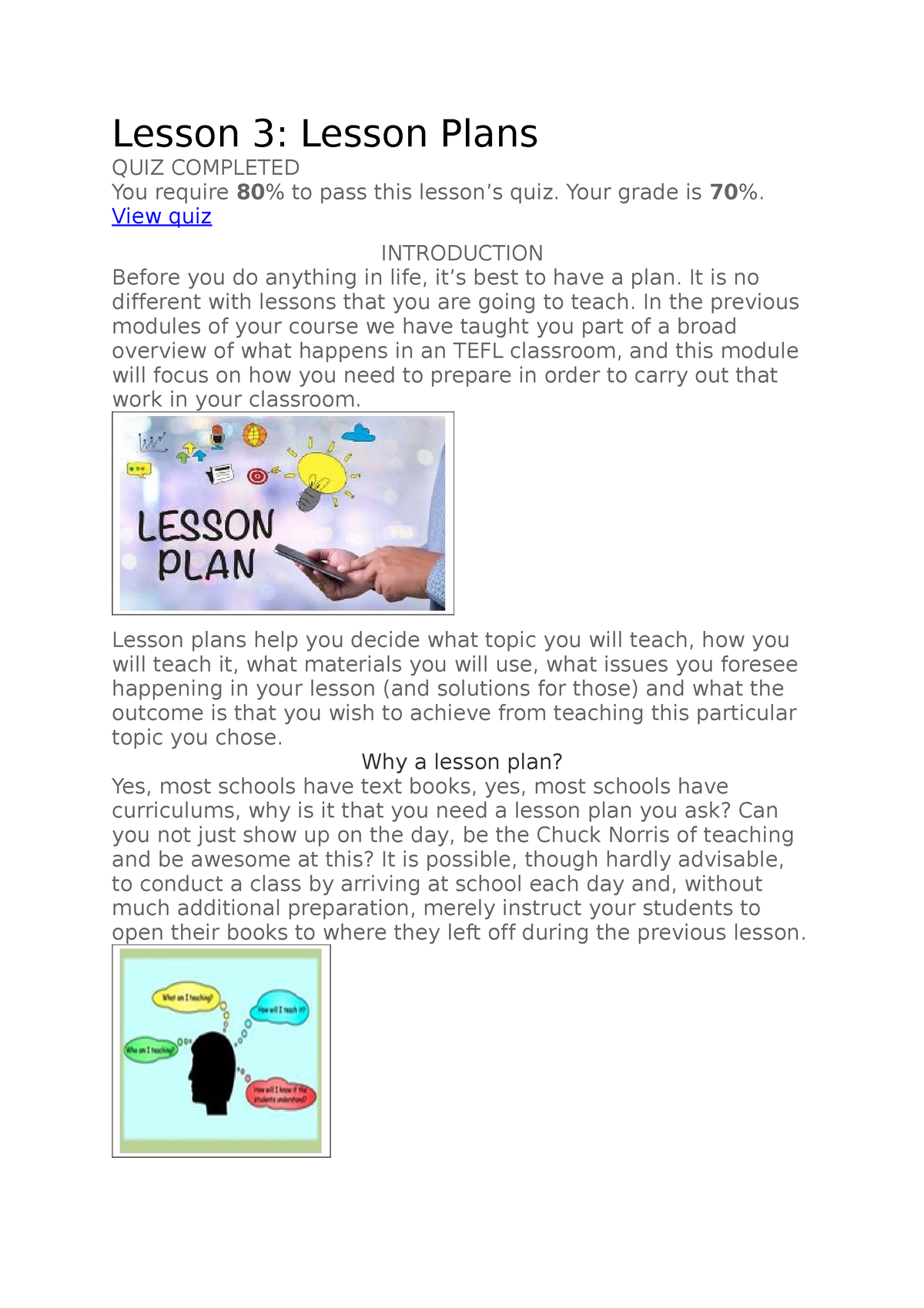 Lesson 3 - Lesson 3: Lesson Plans QUIZ COMPLETED You Require 80 % To ...