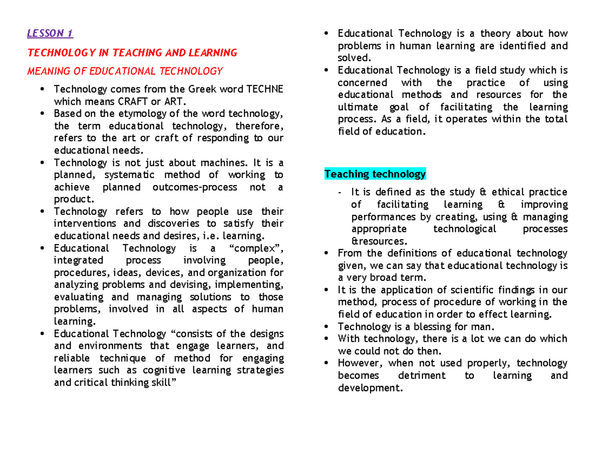 Technology IN Teaching AND Learning - LESSON 1 TECHNOLOGY IN TEACHING ...