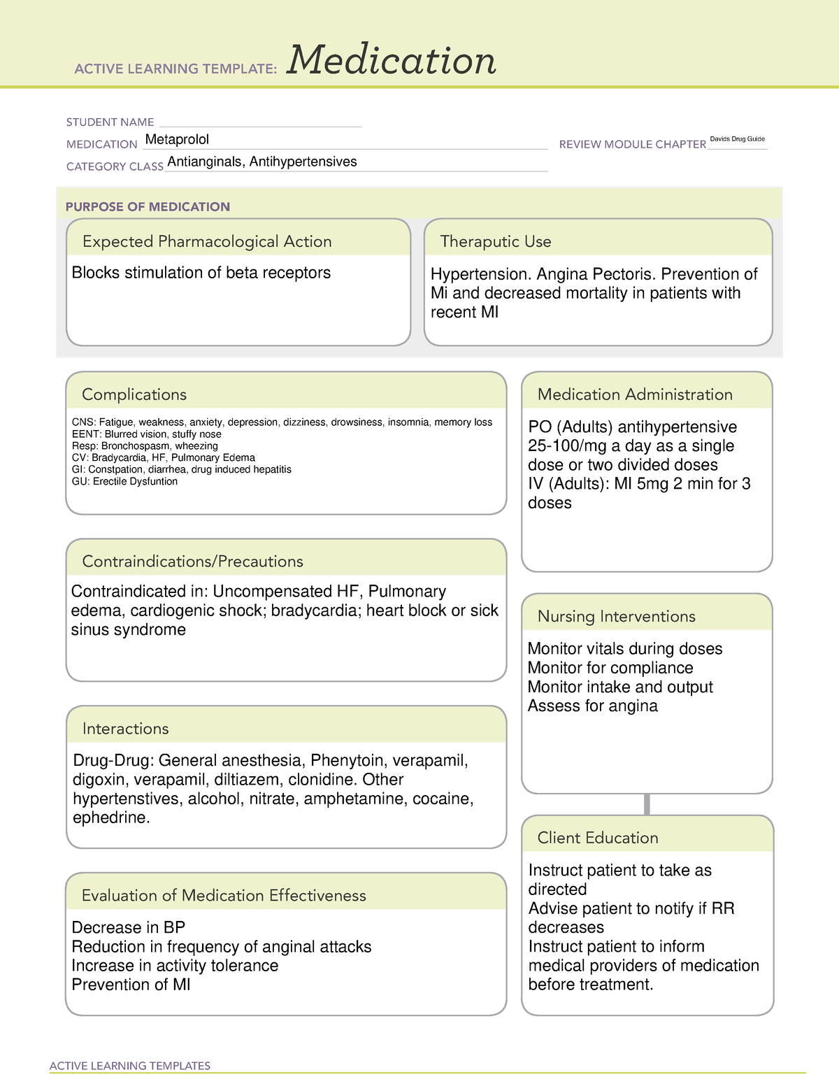 Metaprolol Med Temp - ACTIVE LEARNING TEMPLATES Medication STUDENT NAME ...