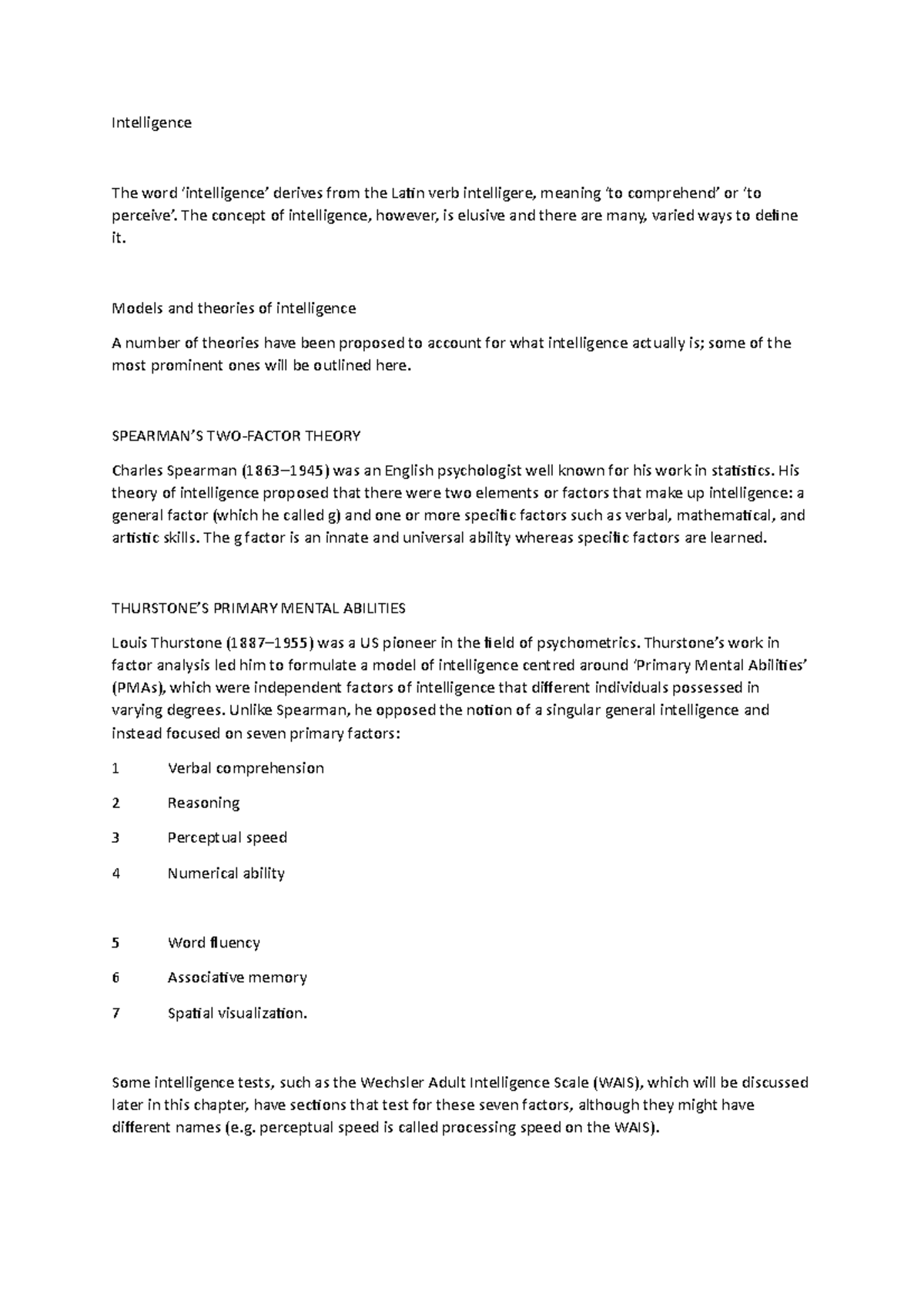 Intelligence - in depth notes on critical subtopics relating to the ...