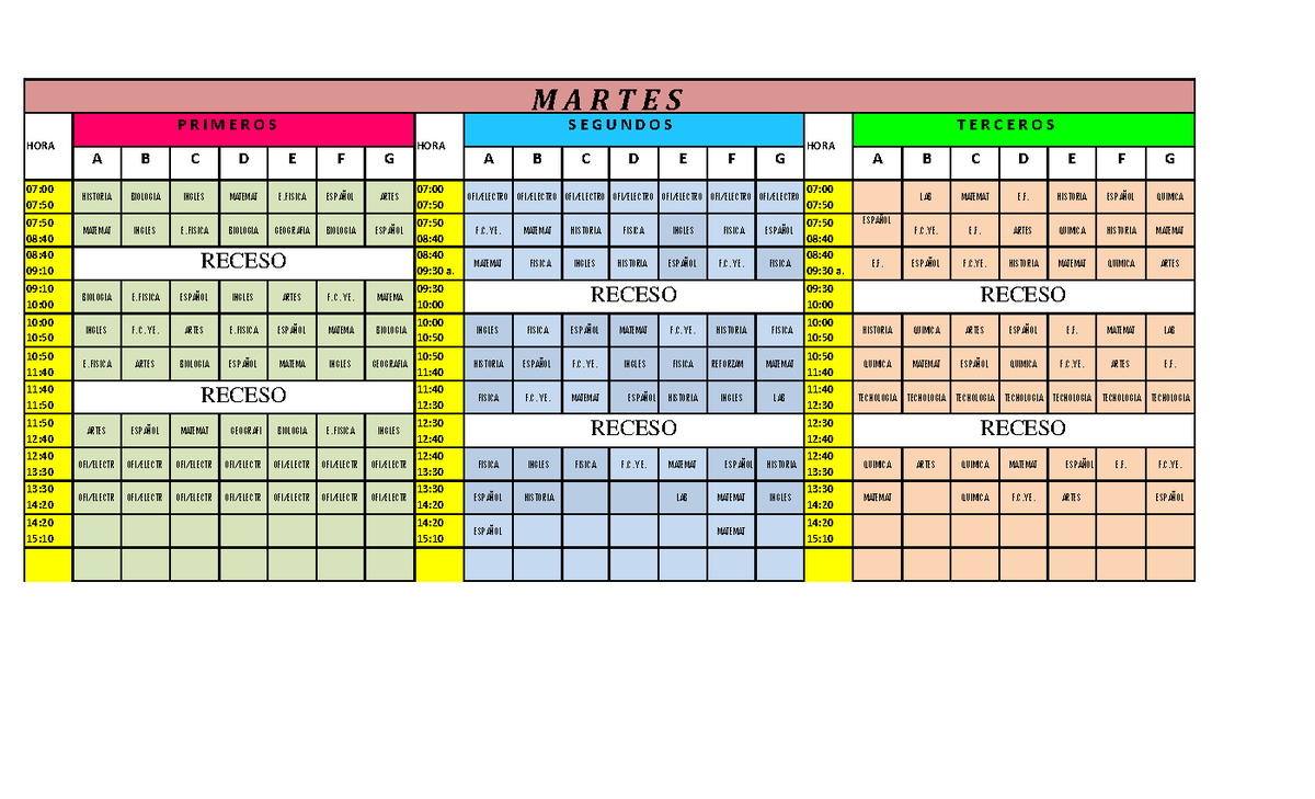 Horarios Generales Martes - A B C D E F G A B C D E F G A B C D E F G ...